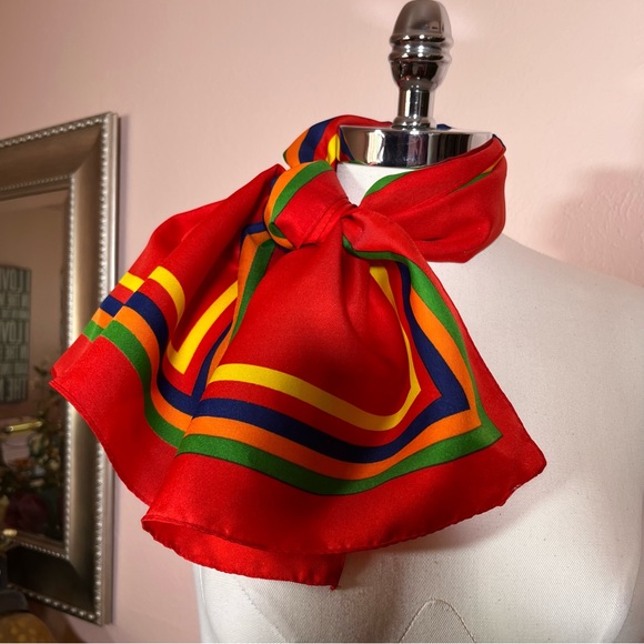 Vintage 70 80 Red MOD Rainbow Preppy Stripe Rectangle Bow Neck Scarf - Picture 3 of 17